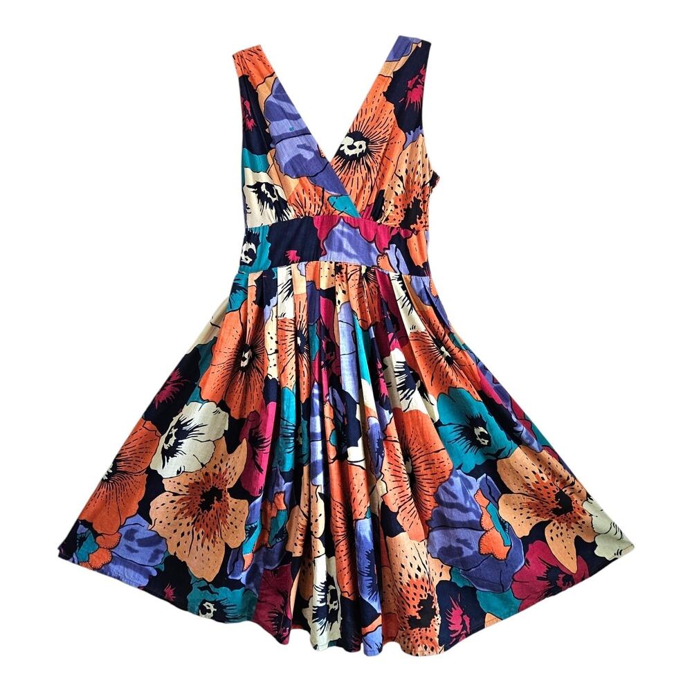 ARYEH Women's S Dress V-Neck Sleeveless Tropical Multicolor Floral Flared Lined